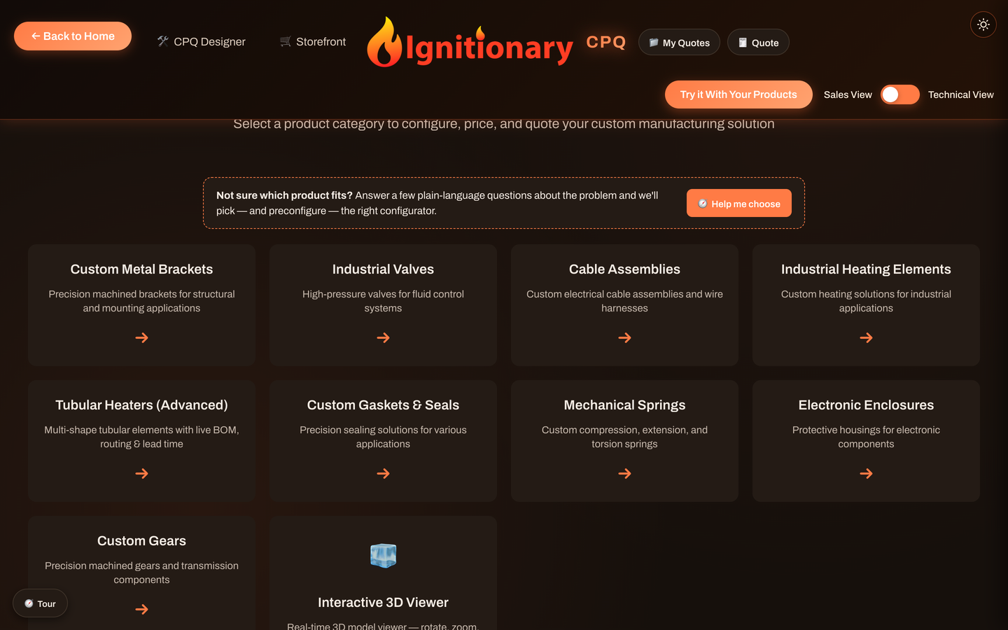 Ignitionary product catalog with visually configurable manufacturing product categories