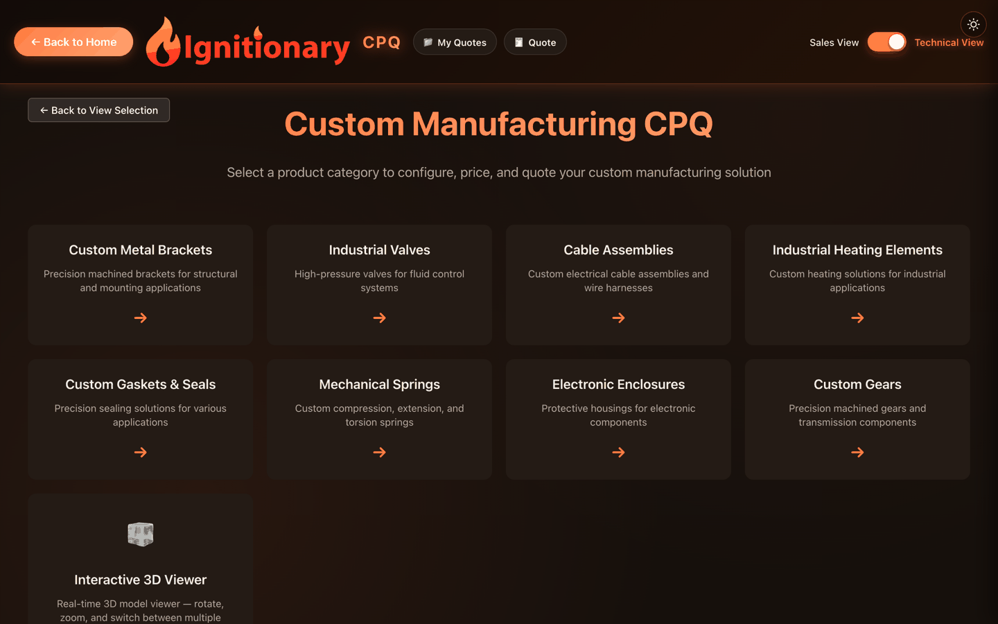 Ignitionary product catalog with configurable manufacturing categories including valves, gears, springs, and enclosures