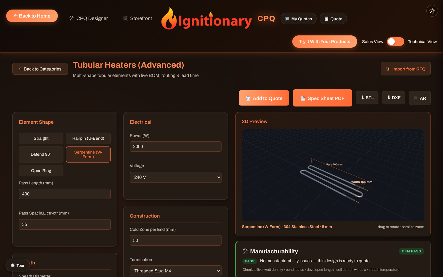 Ignitionary visual product configurator showing a serpentine tubular heating element with dimensioned, interactive 3D preview and live manufacturability checks
