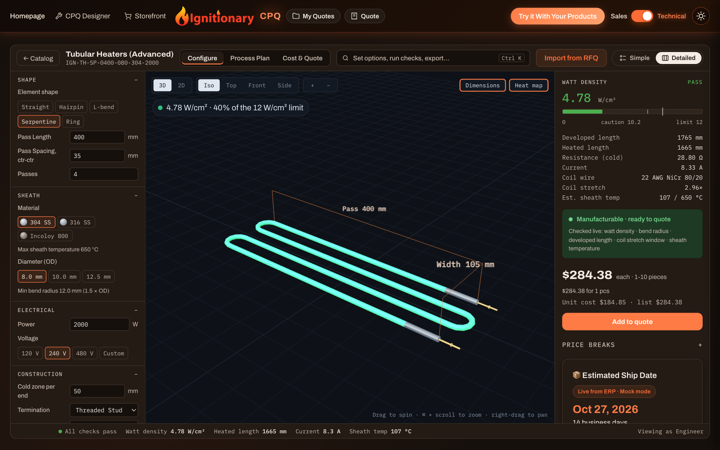 Detailed layout: every option in a tree on the left, the dimensioned 3D model with a watt-density heat map in the middle, the engineering readouts and price on the right, and Process Plan and Cost and Quote tabs across the top