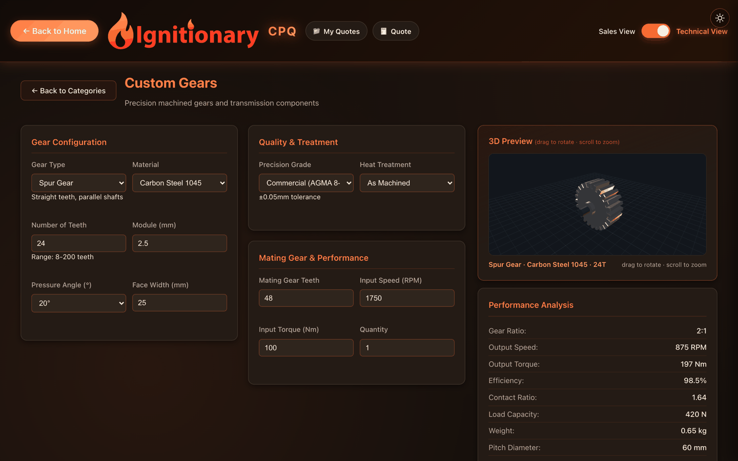 Ignitionary product configurator showing a custom gear being configured with live 3D preview and real-time performance analysis