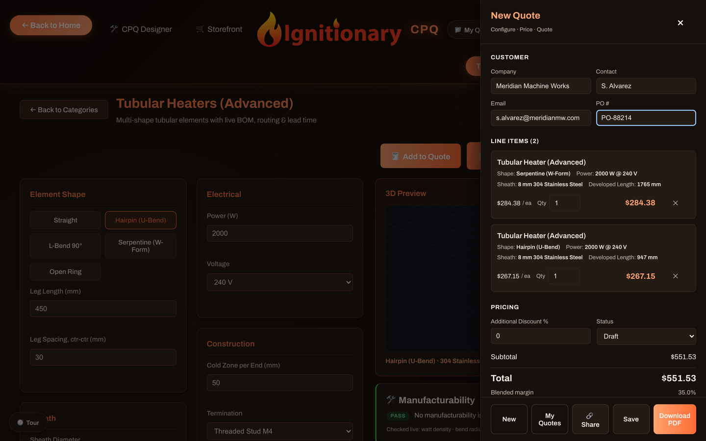 Ignitionary quote panel showing the visually configured product as a priced line item with totals and PDF export
