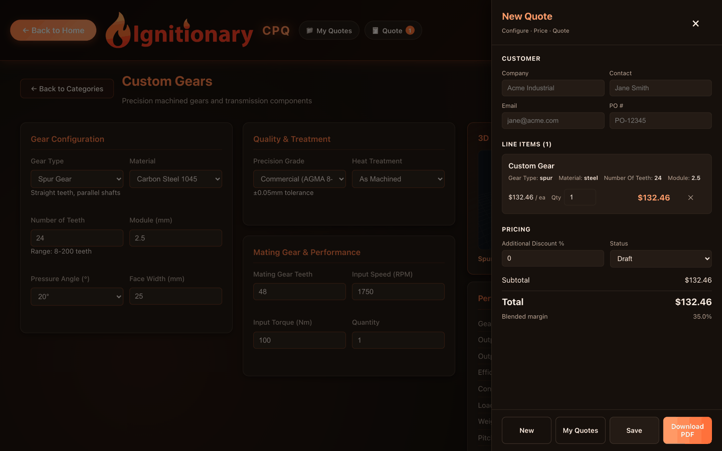 Ignitionary quote builder showing configured line items, pricing breakdown, margin, and PDF export