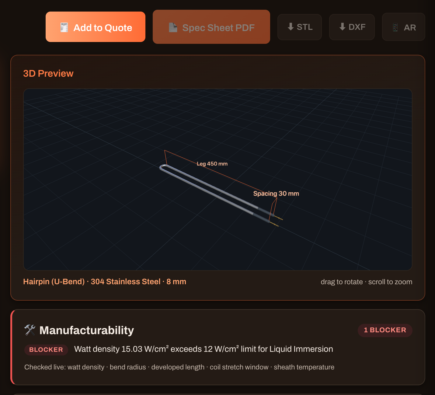 Configurator in a blocked state: the Spec Sheet PDF, STL, DXF and AR export buttons are greyed out, and the manufacturability panel reports one blocker, watt density 15.03 W per square centimetre exceeding the 12 W per square centimetre limit for liquid immersion